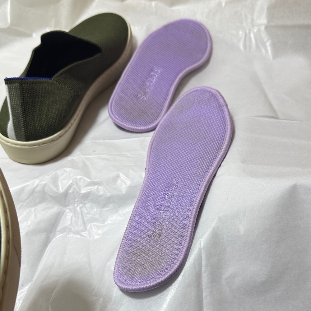 Rothy's Olive Slip-On Shoes with Blue Trim - Picture 8 of 16